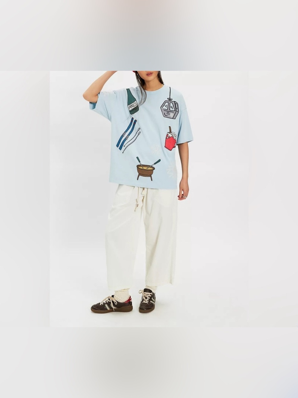 NWT Free People Denim And Bone Dinner Party Embroidered Tee apres light blue - S - Picture 3 of 8